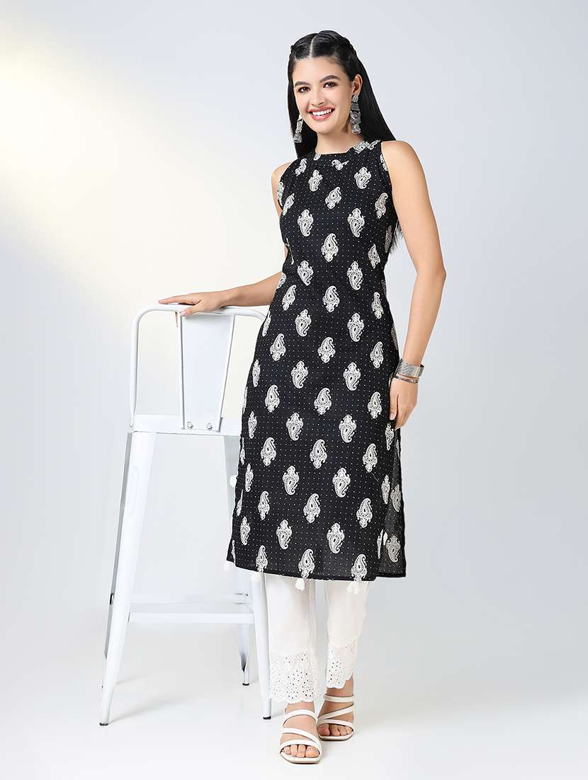 women black paisley printed sleeveless kurta pant set - 21721720 -  Standard Image - 4