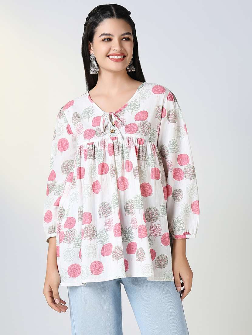women white printed v neckk a-line kurti