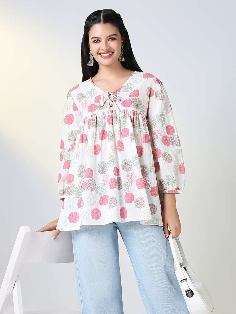 women white printed v neckk a-line kurti - 21721724 - Standard Image - 1