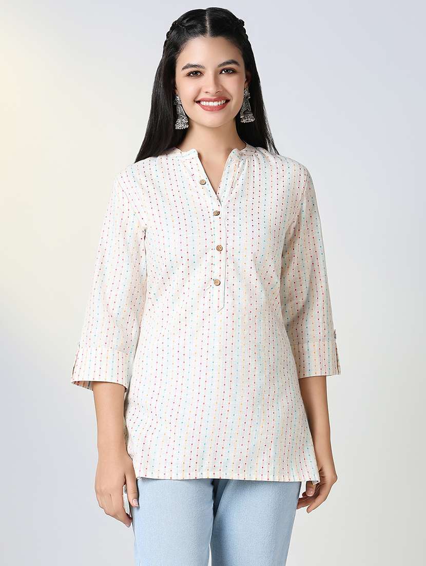 women off white self design rollup sleeve straight kurti