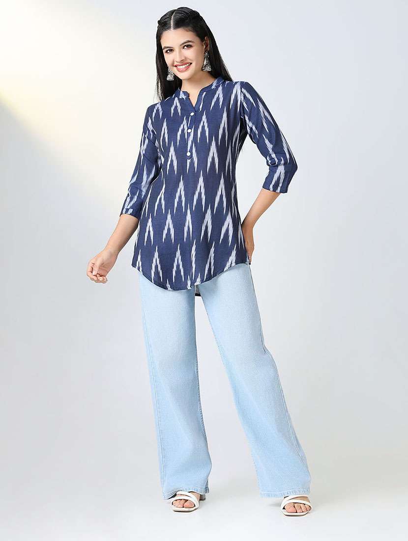 women ikat mandarin neck straight kurti - 21721726 -  Standard Image - 4