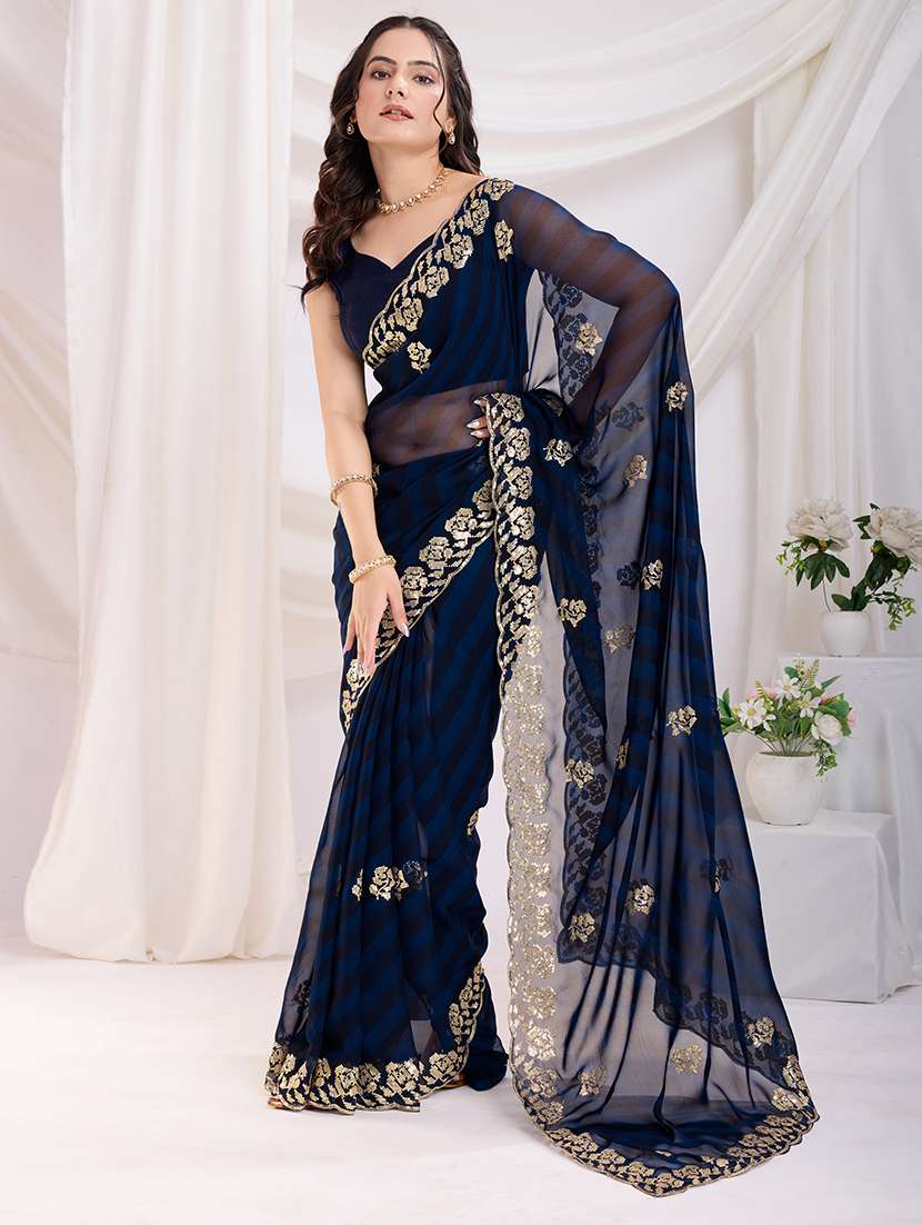 women navy blue embroidered saree with blouse - 21721815 -  Standard Image - 1