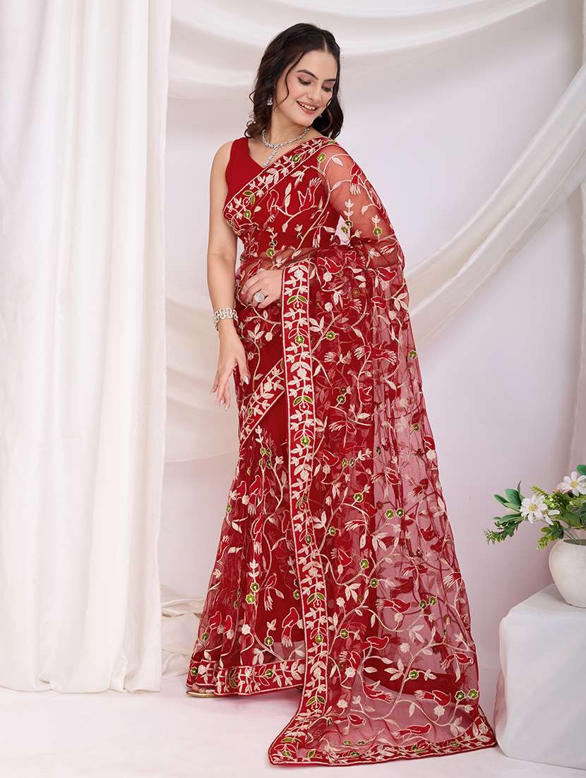 women red embroidered saree with blouse - 21721817 -  Standard Image - 1
