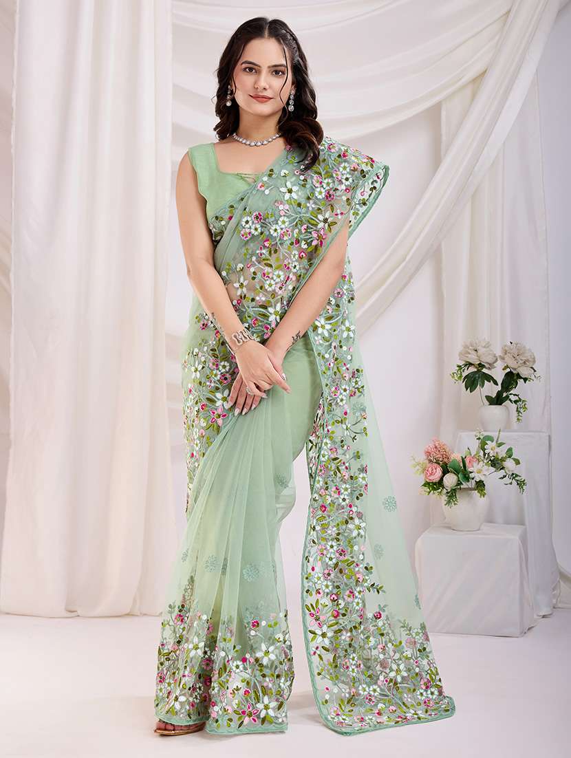 women green embroidered saree with blouse - 21721823 -  Standard Image - 1