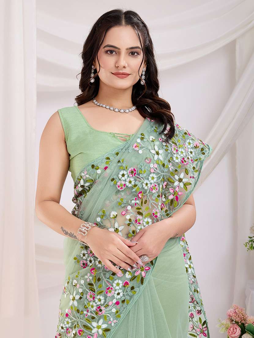 women green embroidered saree with blouse - 21721823 -  Standard Image - 4
