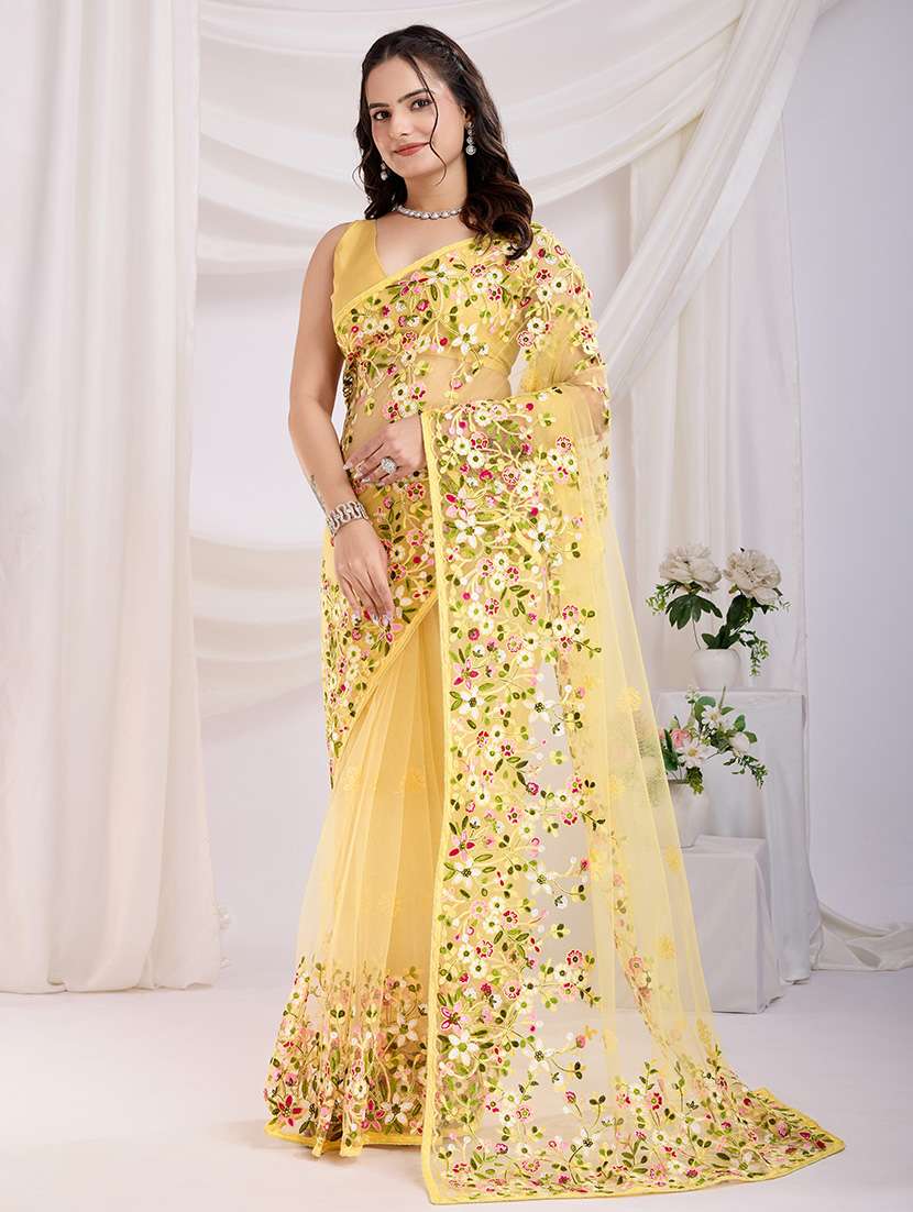 women yellow embroidered saree with blouse - 21721826 -  Standard Image - 1