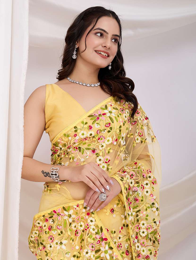 women yellow embroidered saree with blouse - 21721826 -  Standard Image - 4