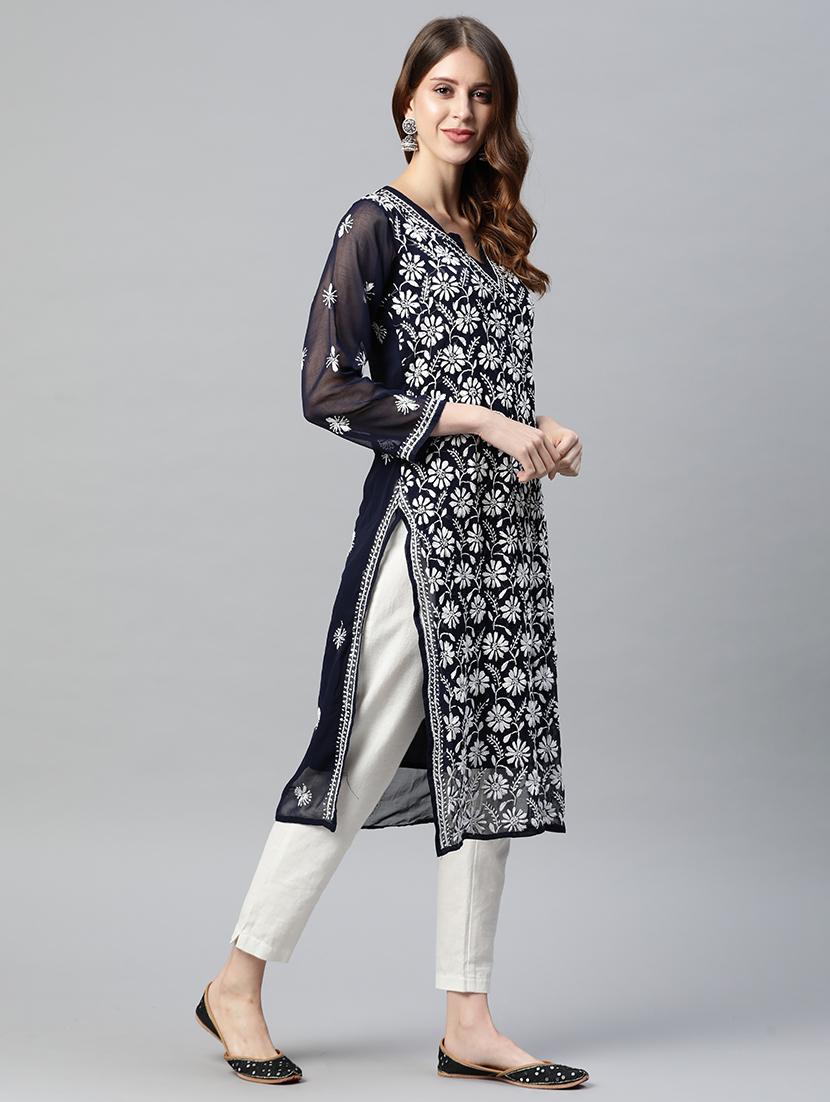 women long sleeve straight chikankari kurta - 21721870 -  Standard Image - 1
