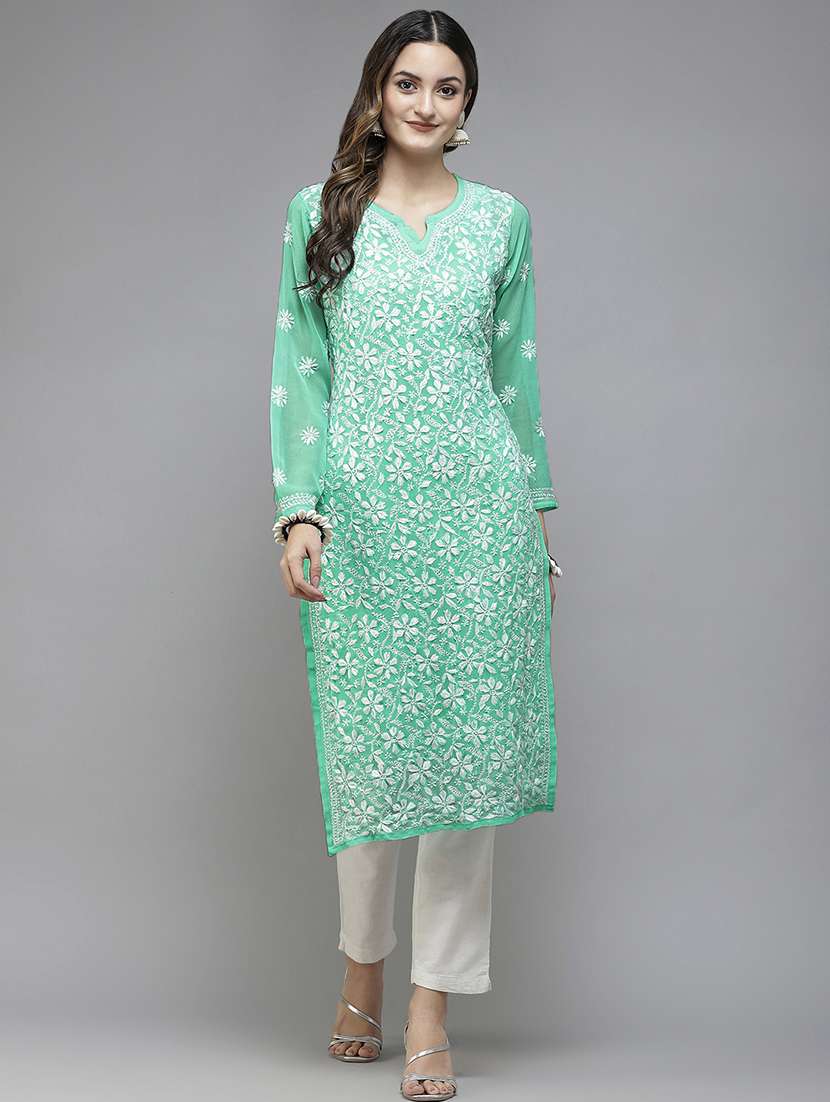 women chikankari long sleeve straight kurta