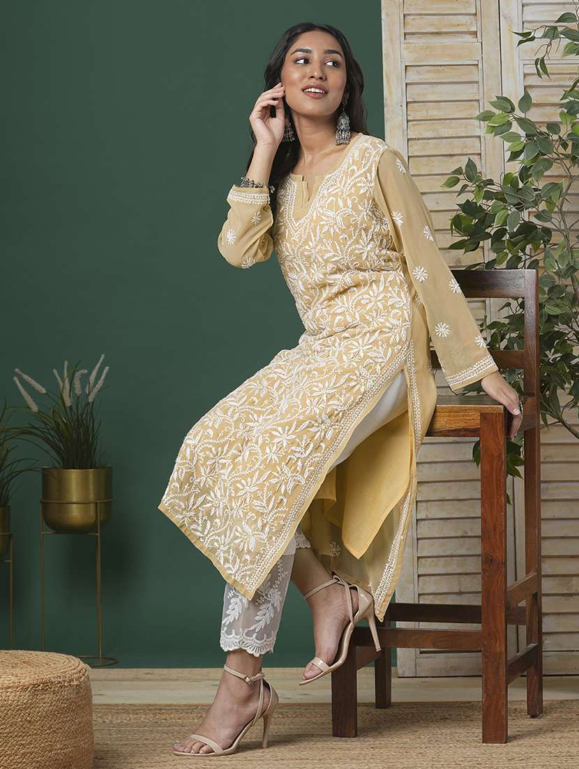 women chikankari long sleeve straight kurta - 21721879 - Standard Image - 4