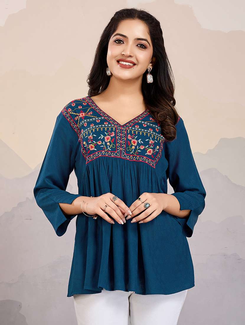 women v-neck embroidered line top