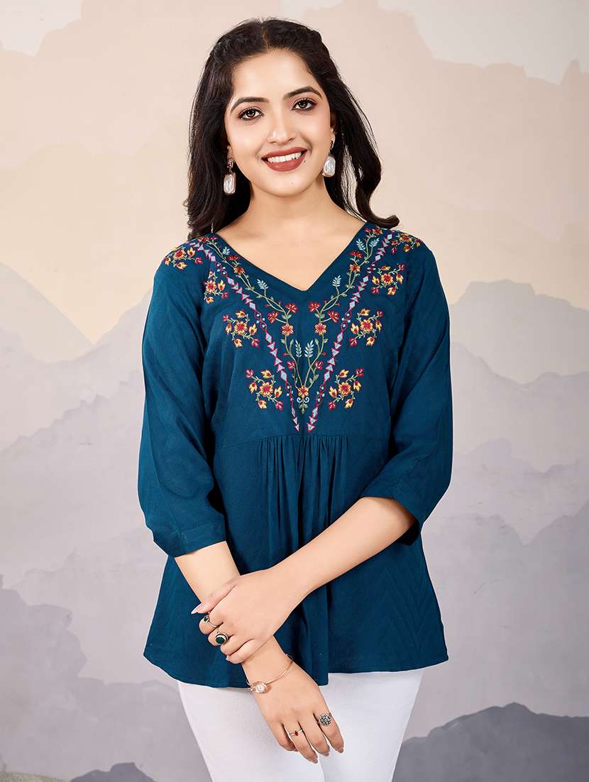 women v-neck embroidered line top