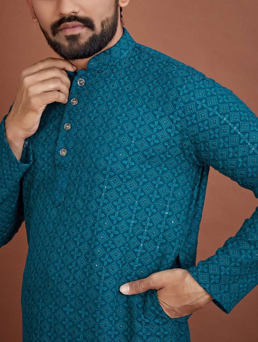 men embroidered mandarin neck kurta - 21721895 - Standard Image - 4