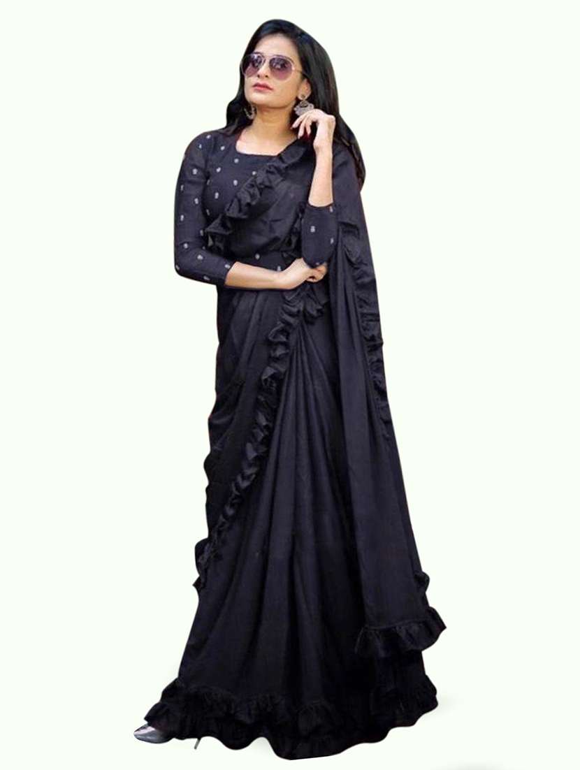 women solid ruffle saree with blouse