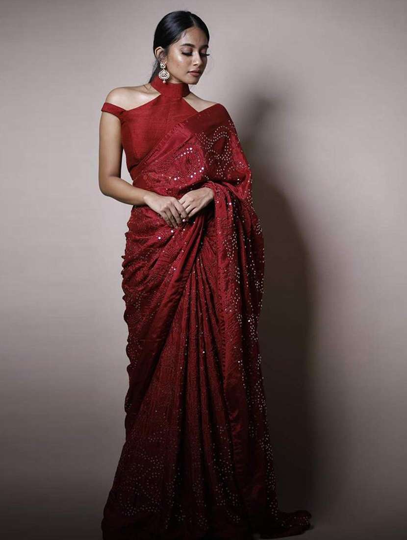 women maroon sequin work embroidered saree with blouse