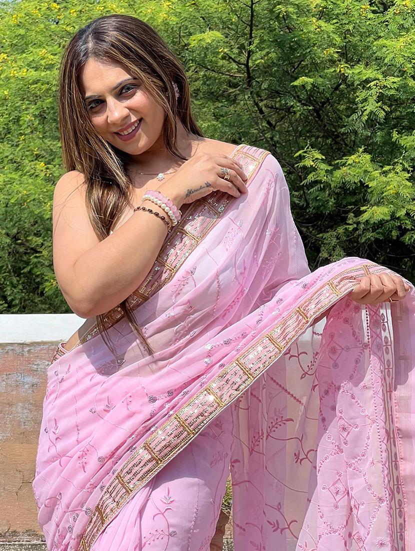 women pink sequin work embroidered saree with blouse - 21722056 -  Standard Image - 1