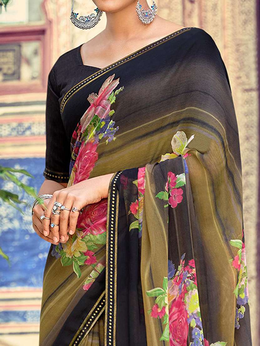 women olive floral printed saree with blouse - 21722098 -  Standard Image - 1