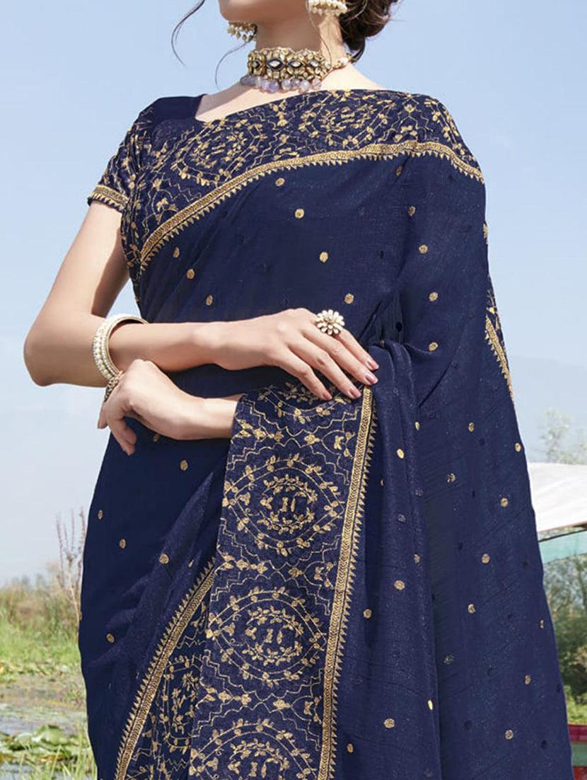 blue self design bordered saree with blouse - 21722316 -  Standard Image - 1