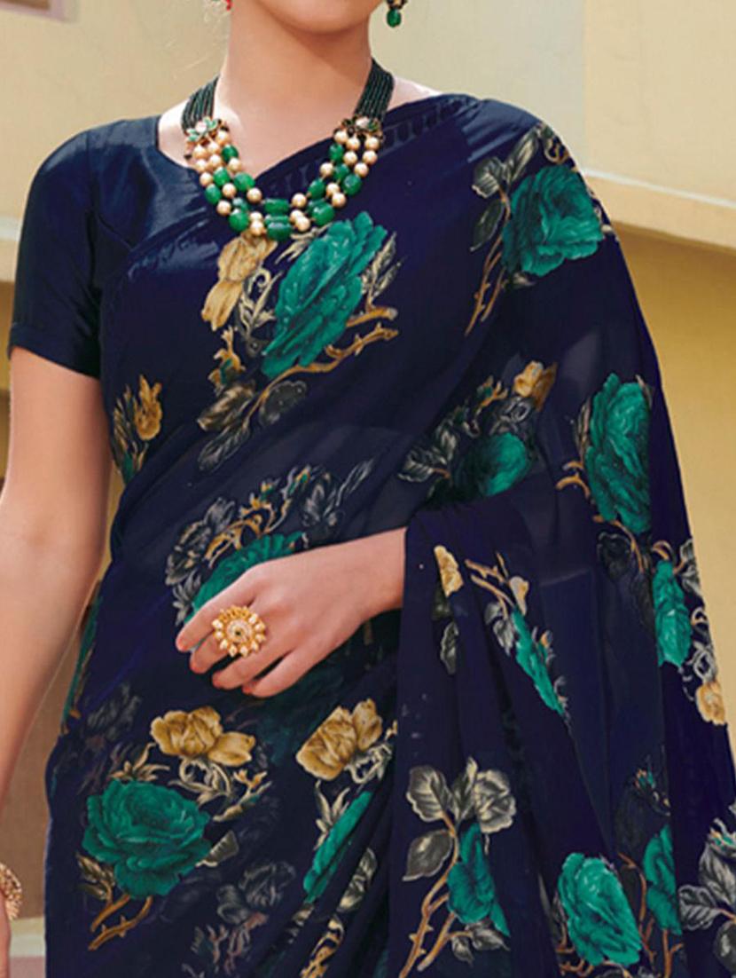 women blue floral prited saree with blouse - 21722337 - Standard Image - 1