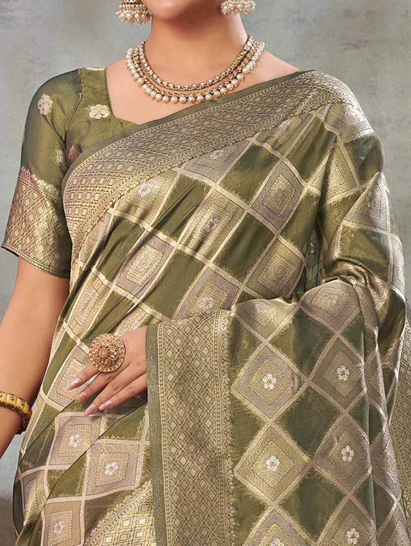 women olive self design banarasi saree with blouse - 21722409 -  Standard Image - 1