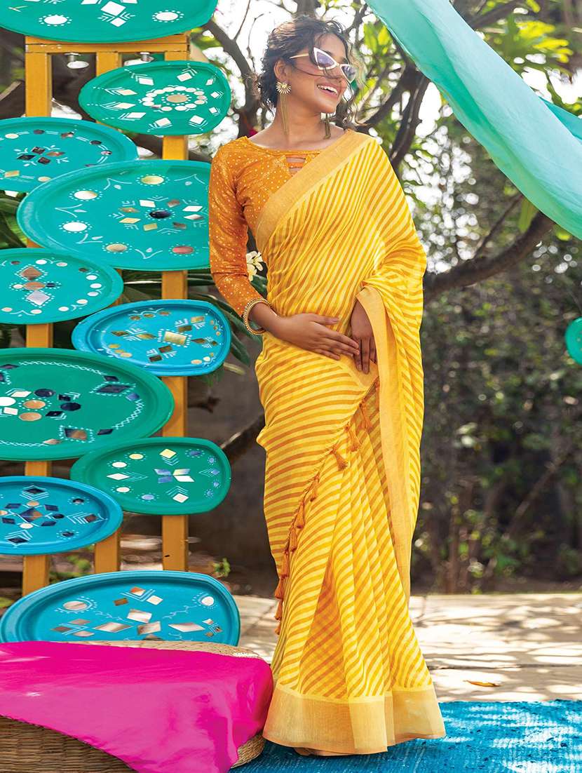 women yellow stripes printed saree with blouse