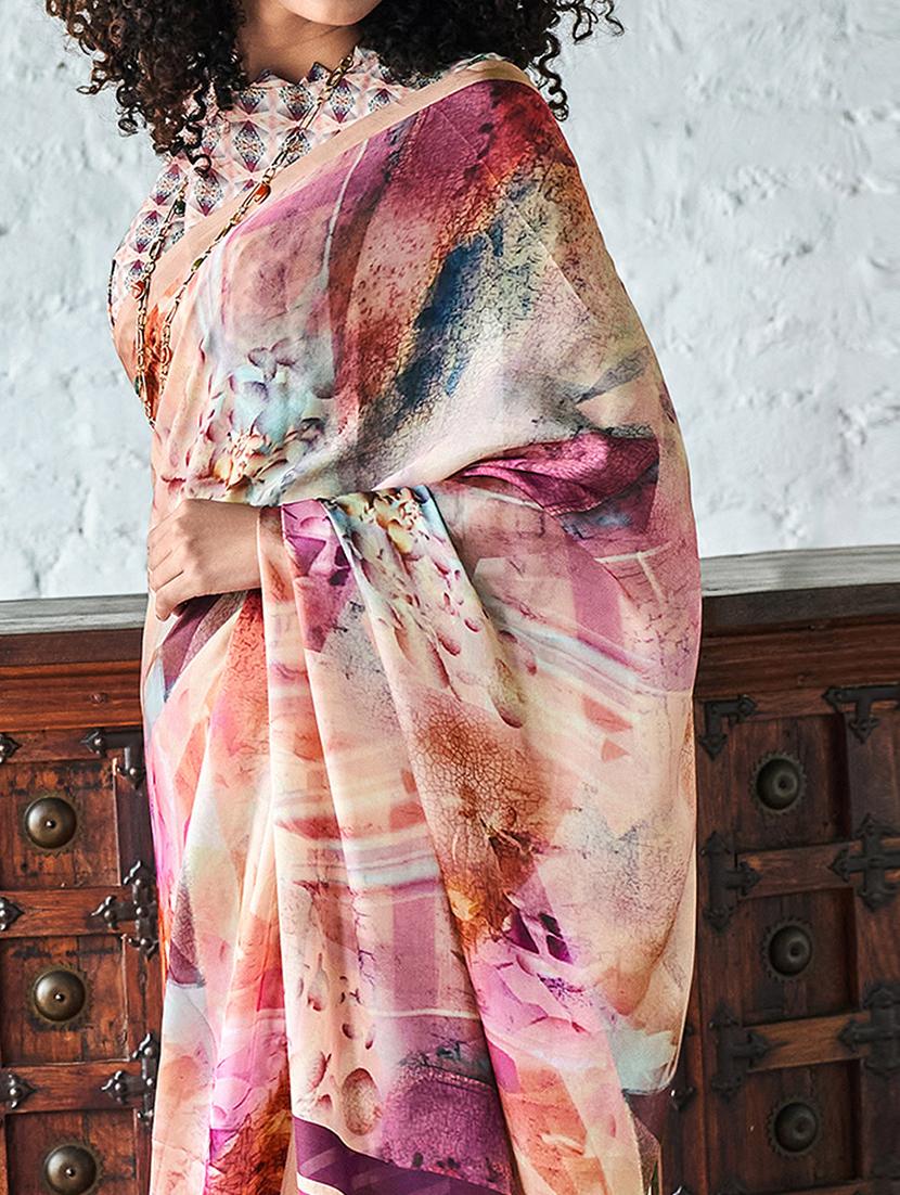 women peach printed saree with blouse - 21722454 - Standard Image - 1