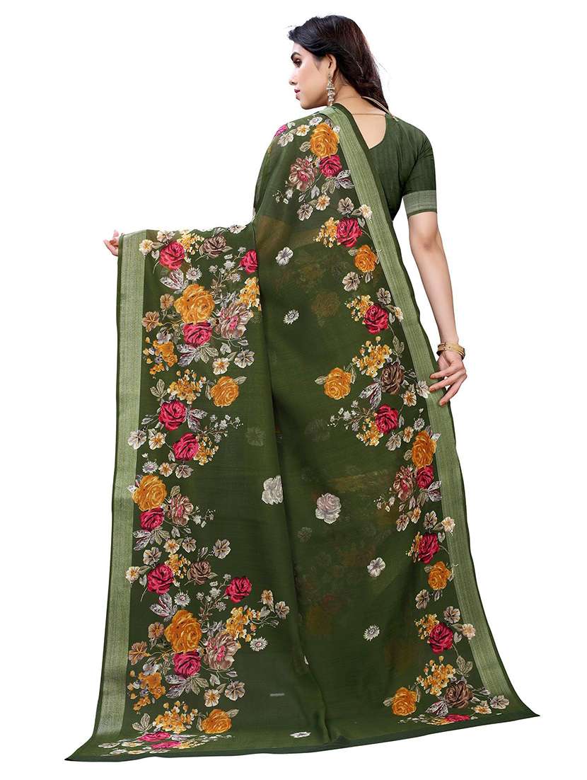 women olive floral printed saree with blouse - 21722489 -  Standard Image - 1