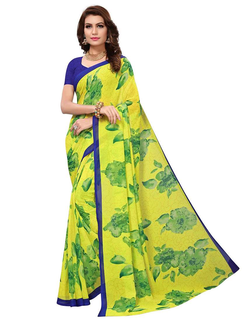 women yellow floral printed saree with blouse