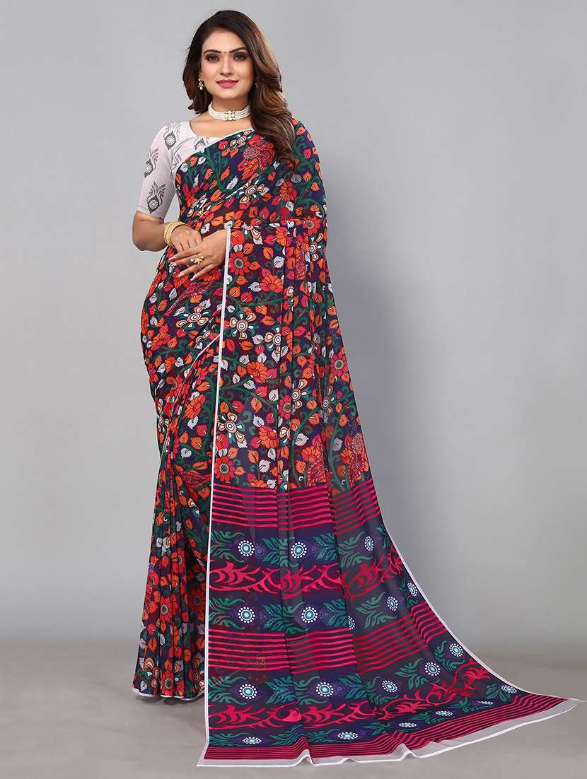 women blue printed saree with blouse
