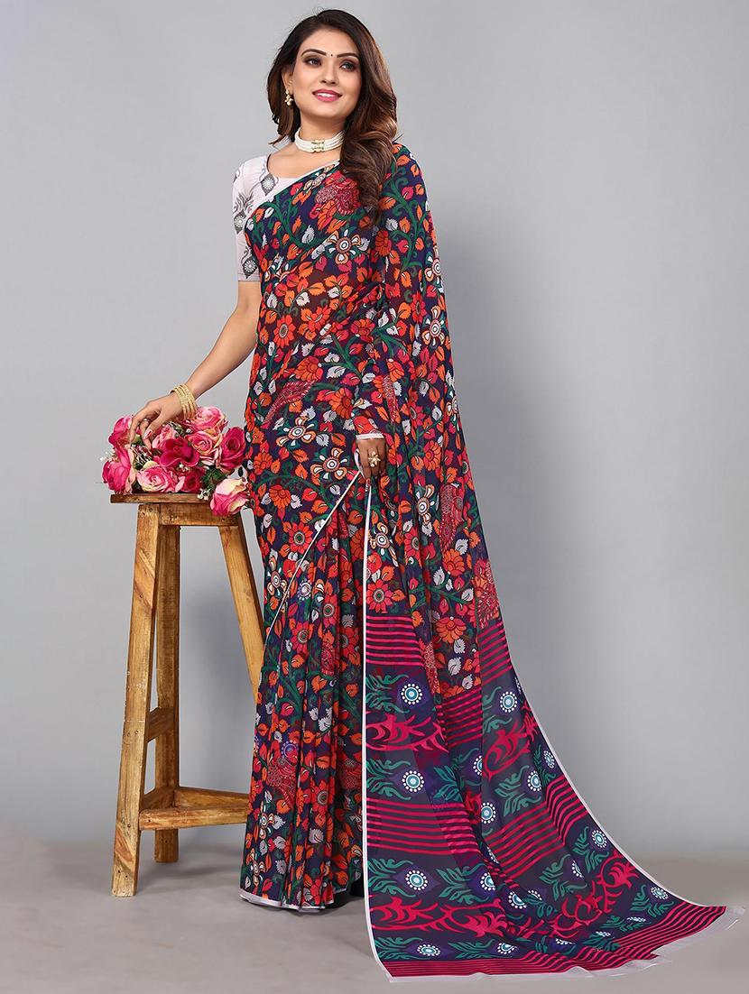 women blue printed saree with blouse - 21722949 -  Standard Image - 1