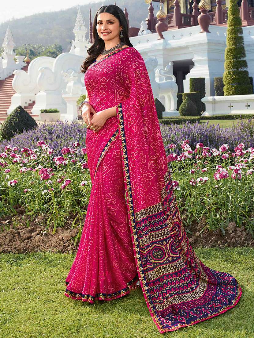 women bandhani printed bordered saree with blouse