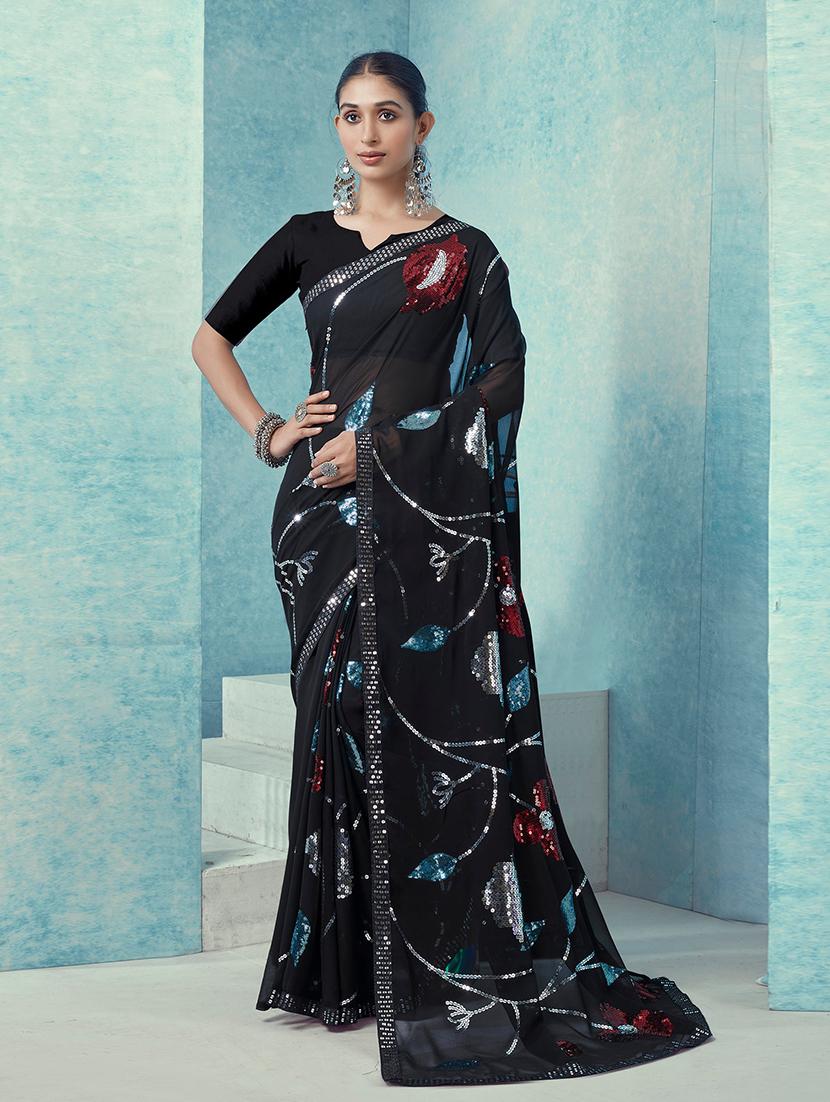 women black sequined embellished saree with blouse - 21723187 -  Zoom Image - 0