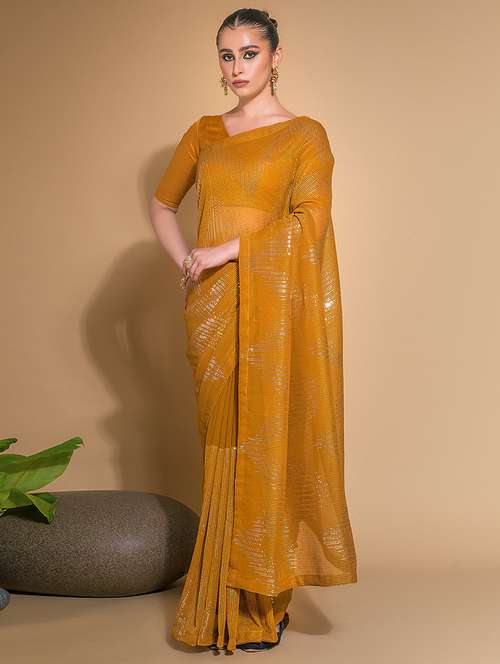 women mustard sequined embellished saree with blouse - 21723212 - Standard Image - 0