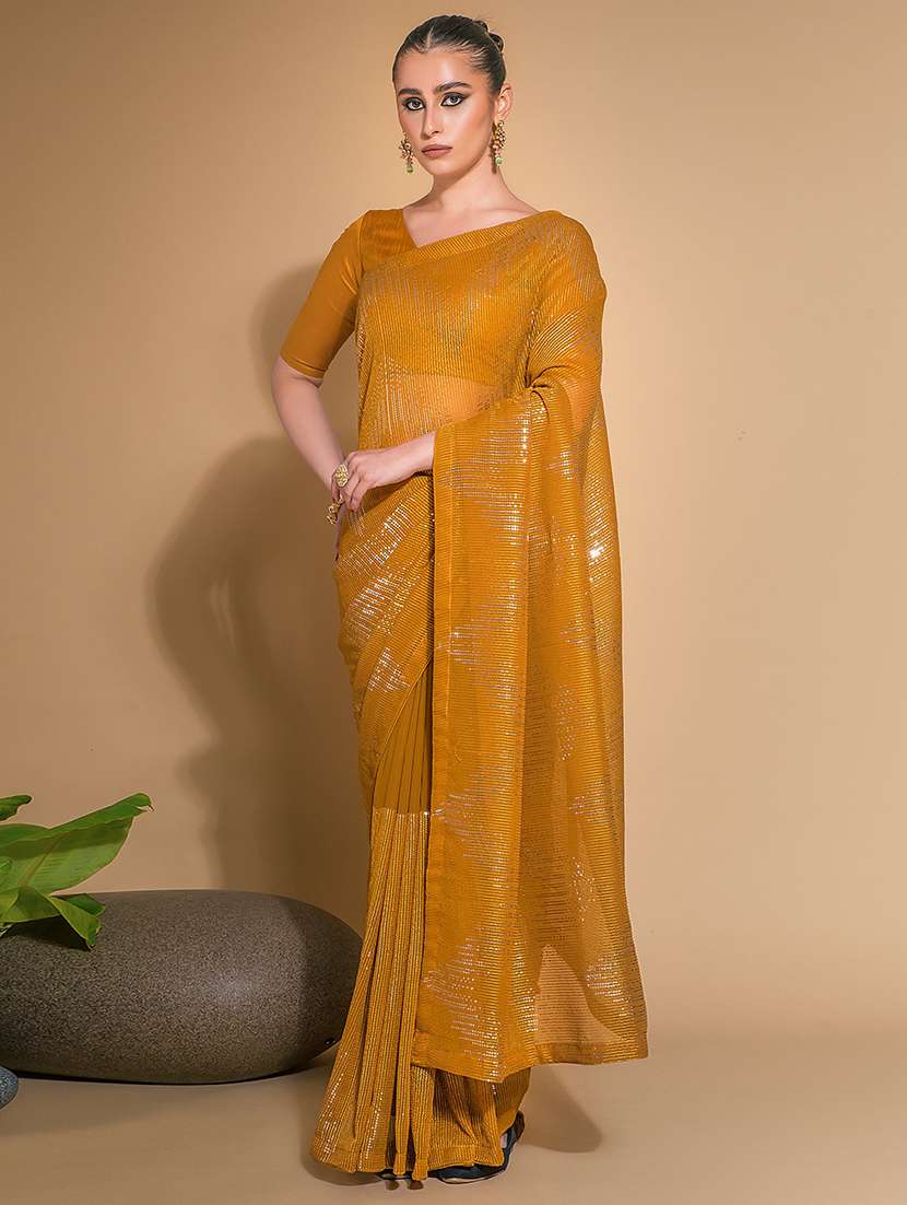 women mustard sequined embellished saree with blouse