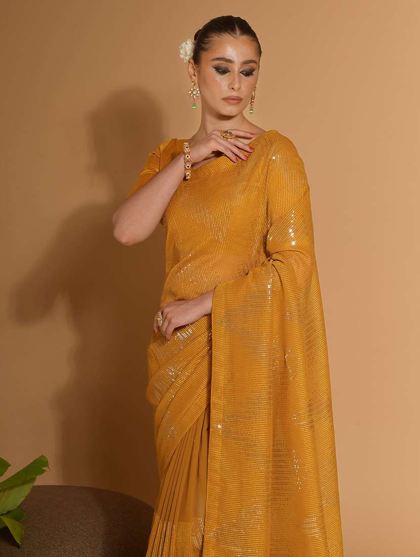 Women Mustard Sequined Embellished Saree With Blouse