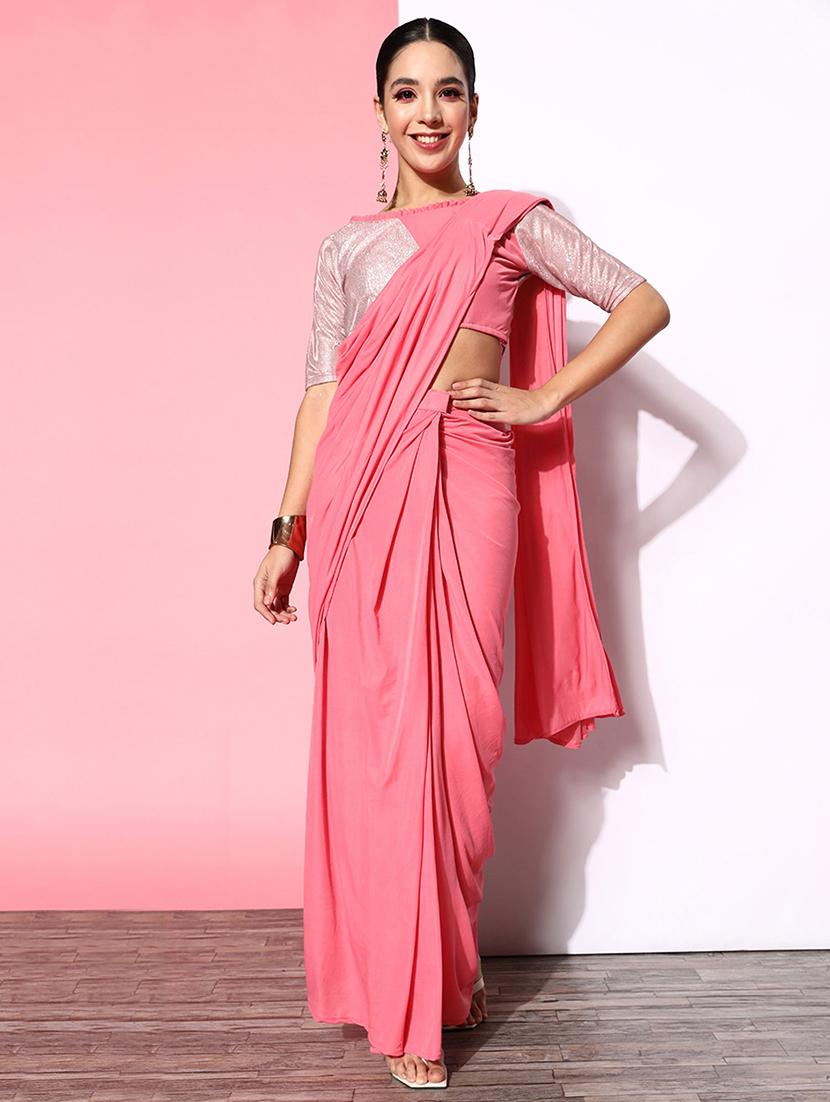 women pink plain ready to wear saree with blouse - 21723229 - Zoom Image - 0