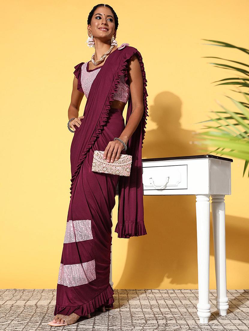 women purple sequin work ruffle saree with blouse - 21723231 -  Standard Image - 1