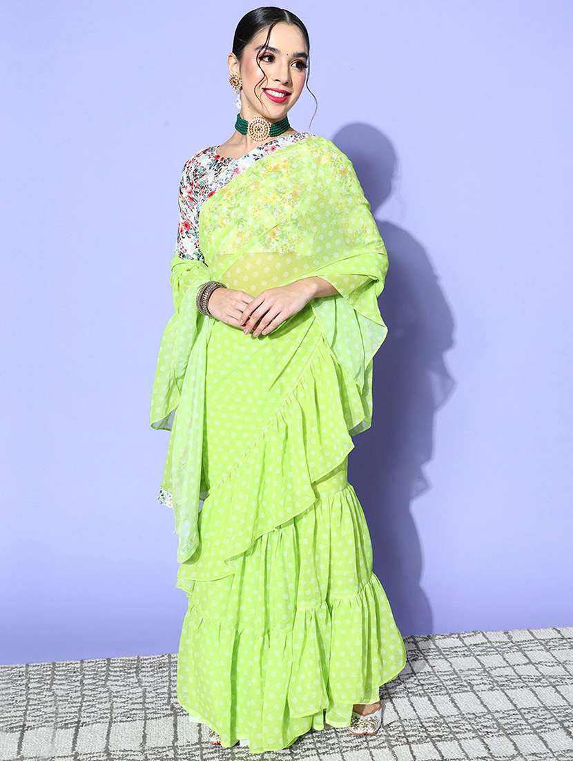 women polka dots printed ruffle saree with blouse