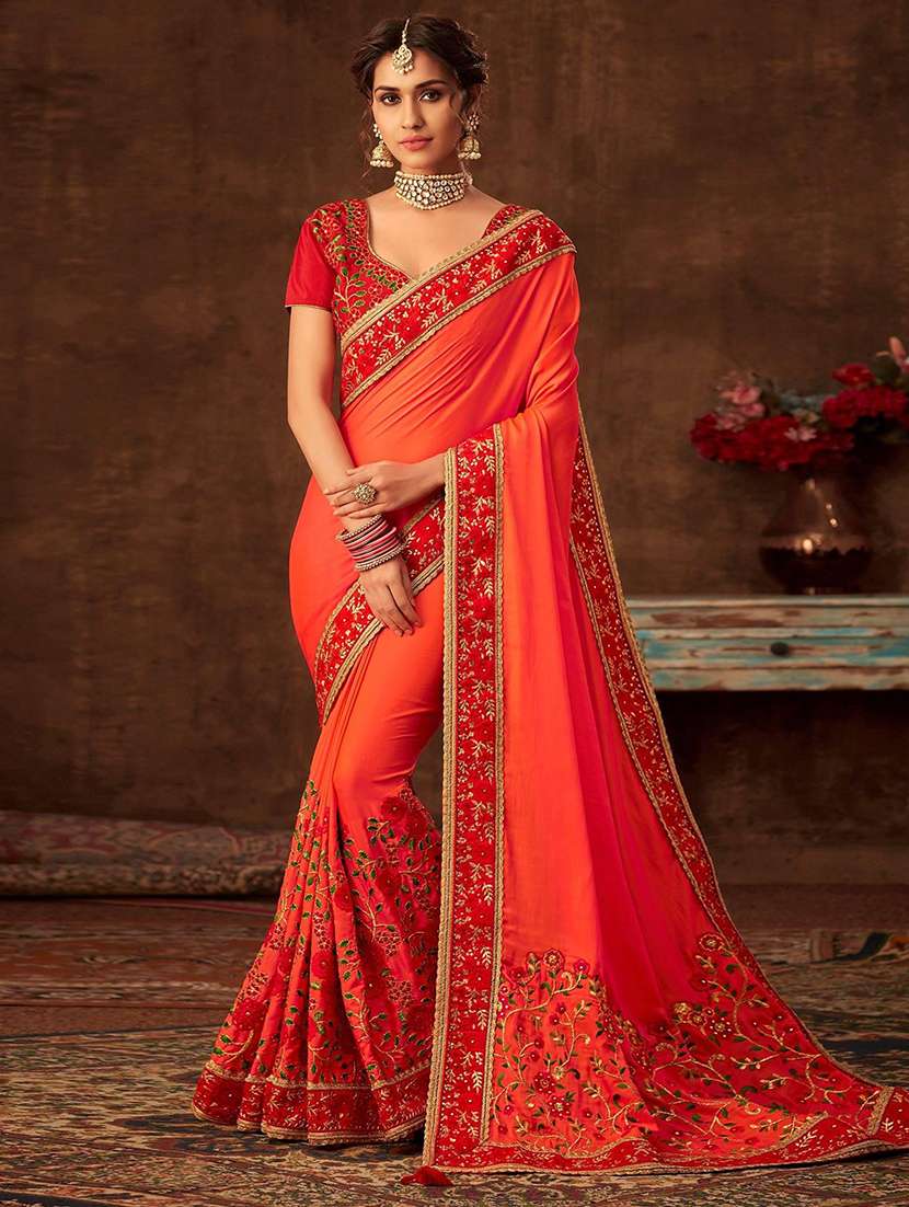 women orange embroidered lace work saree with blouse