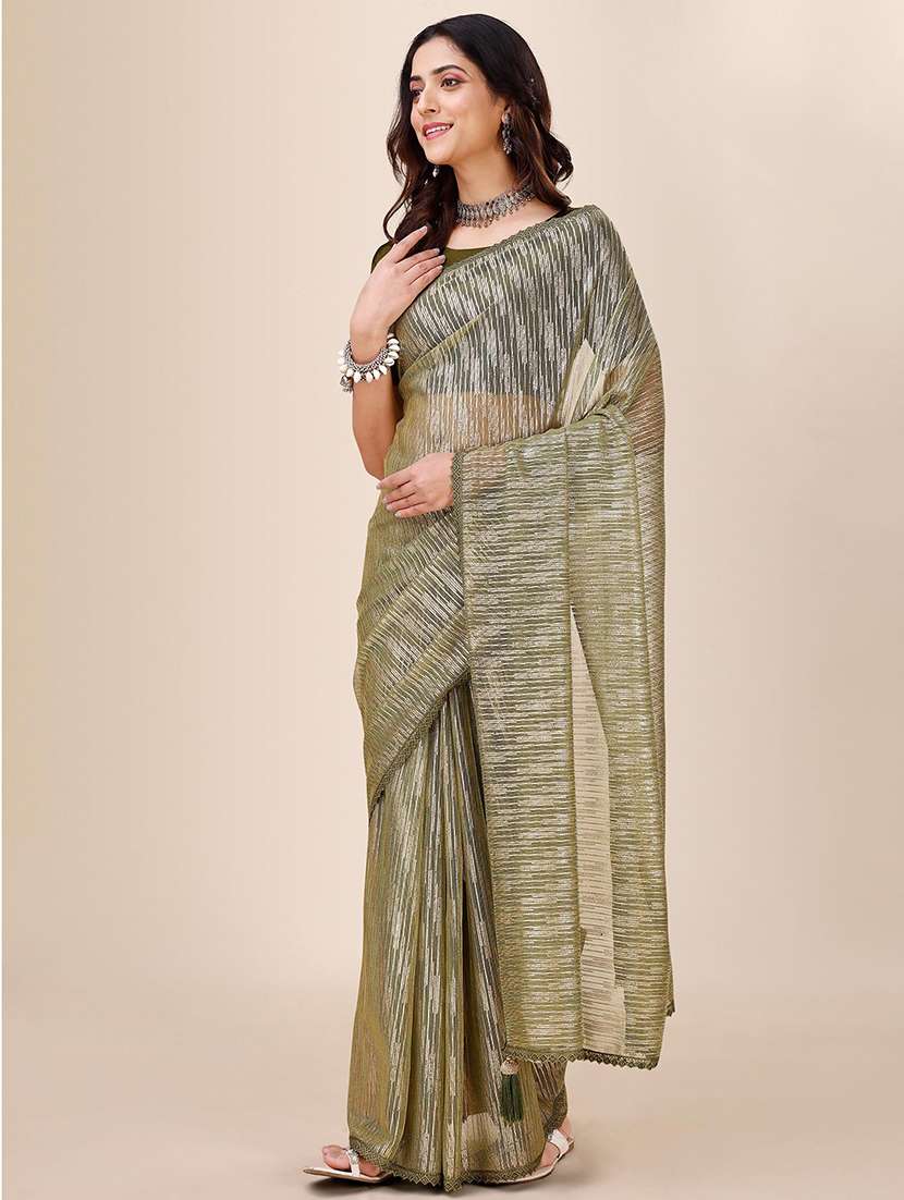 women olive self design lace work saree with blouse - 21723301 -  Standard Image - 1
