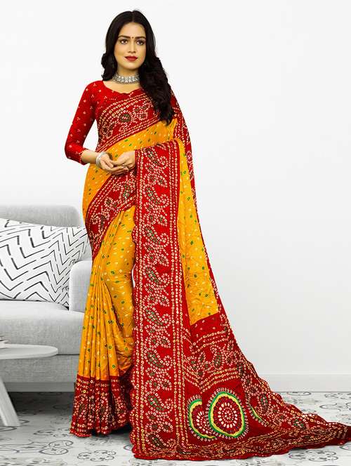 women bandhani printed bordered saree with blouse - 21723440 -  Standard Image - 0