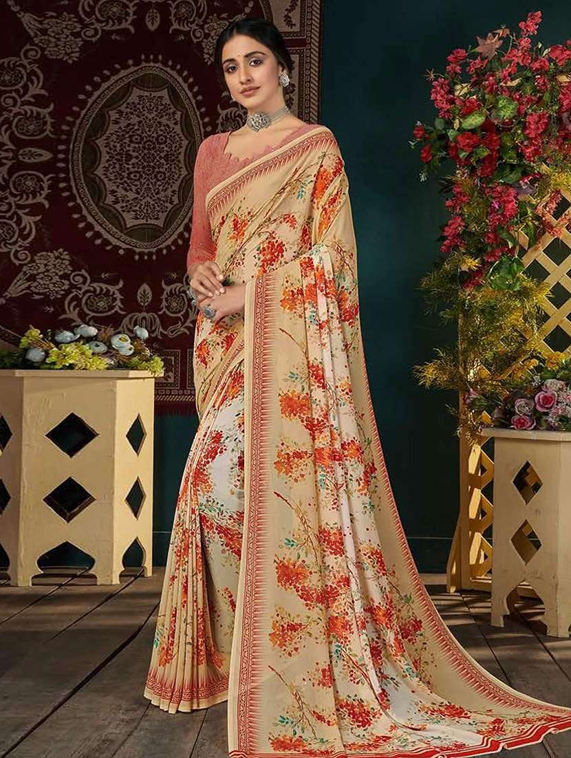 women beige floral printed saree with blouse