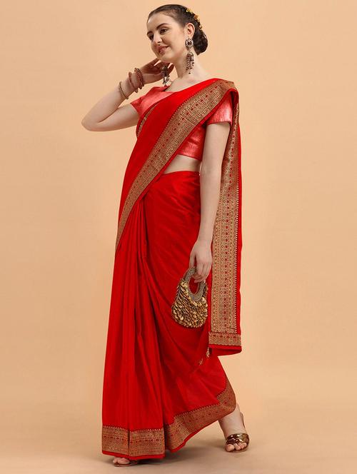 women red solid zari bordered saree with blouse - 21723494 -  Standard Image - 0