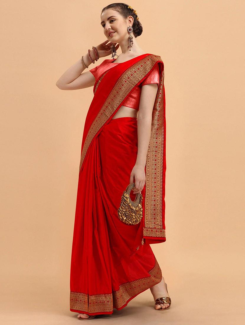 women red solid zari bordered saree with blouse - 21723494 -  Zoom Image - 0