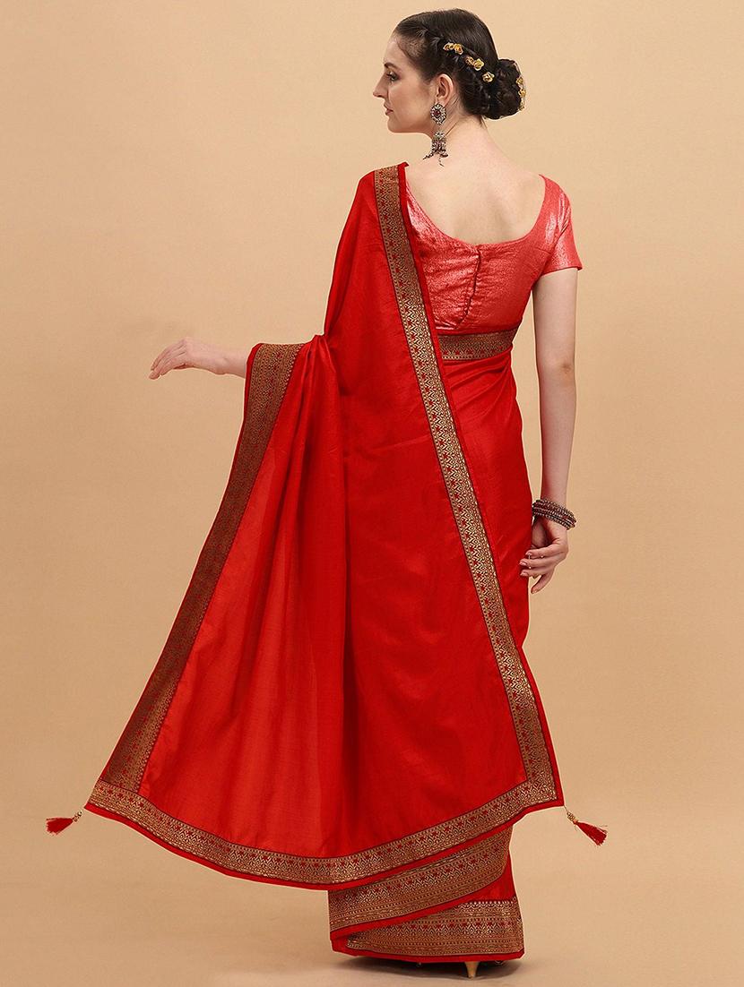 women red solid zari bordered saree with blouse - 21723494 -  Standard Image - 1