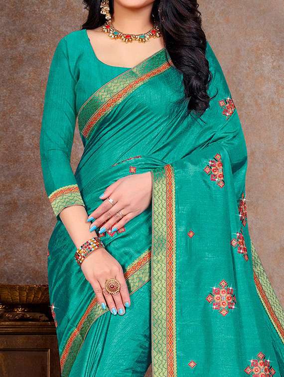 women turquoise embroidered saree with blouse - 21723504 -  Standard Image - 1
