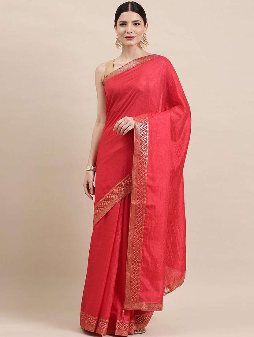 women red solid zari bordered saree with blouse