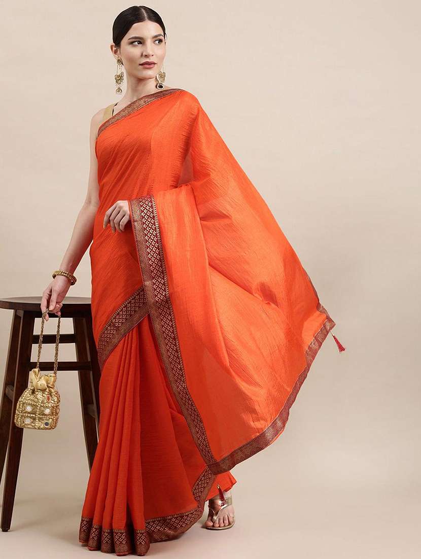 women orange solid zari bordered saree with blouse - 21723525 -  Standard Image - 1