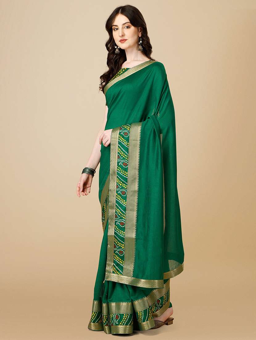 women green solid bordered saree with blouse - 21723526 -  Standard Image - 1