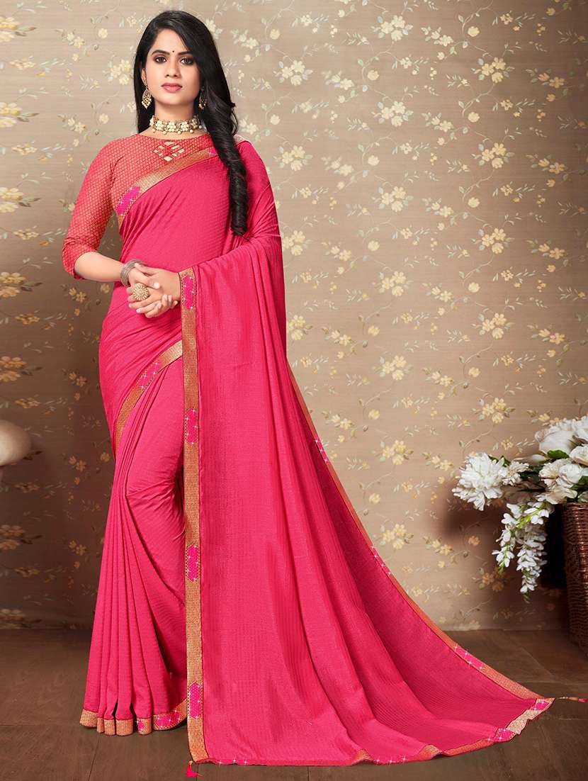 women pink lace work bordered saree with blouse